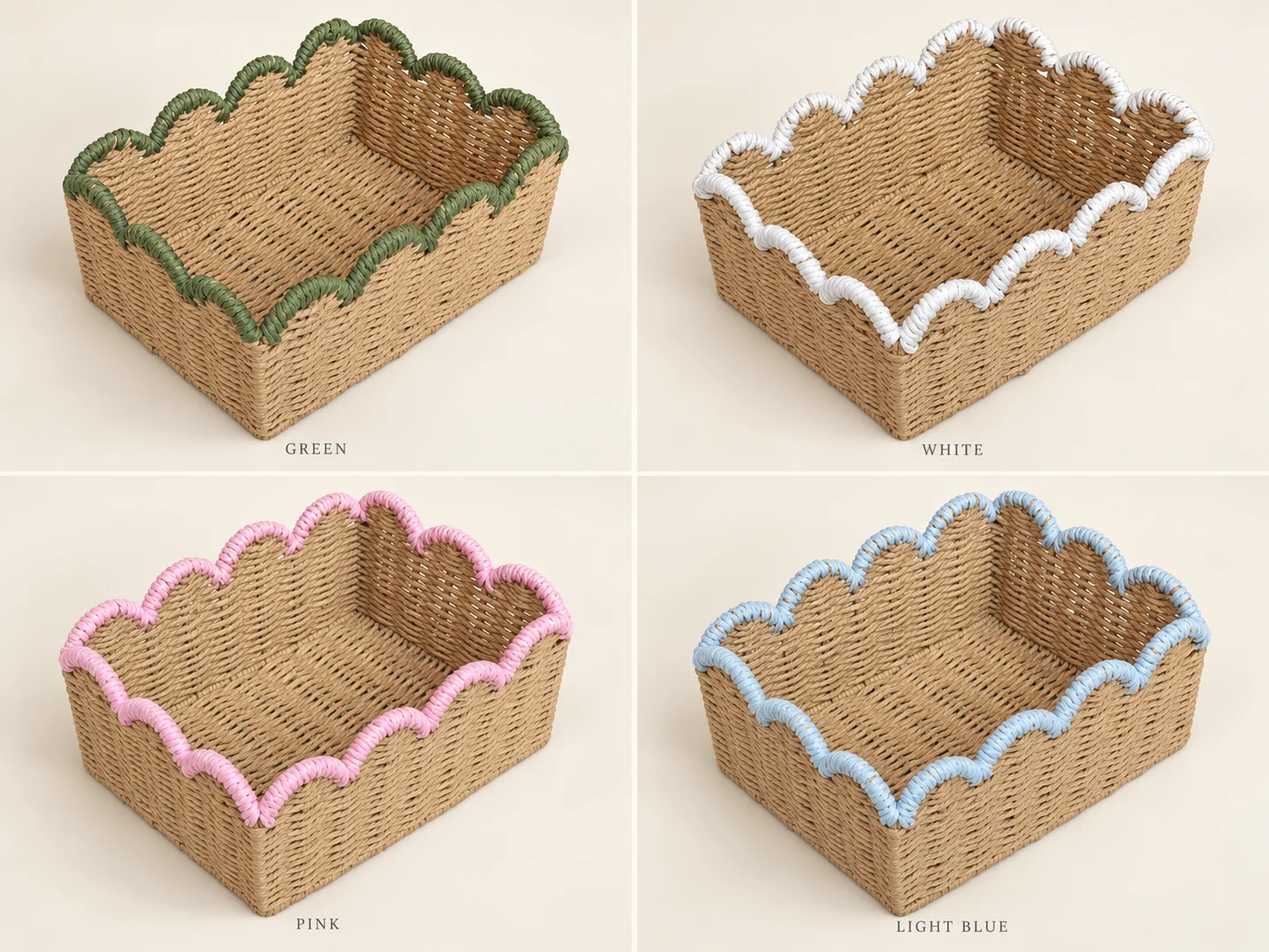 Green, white, pink and light blue trim compared on natural-tone scalloped paper rope baskets