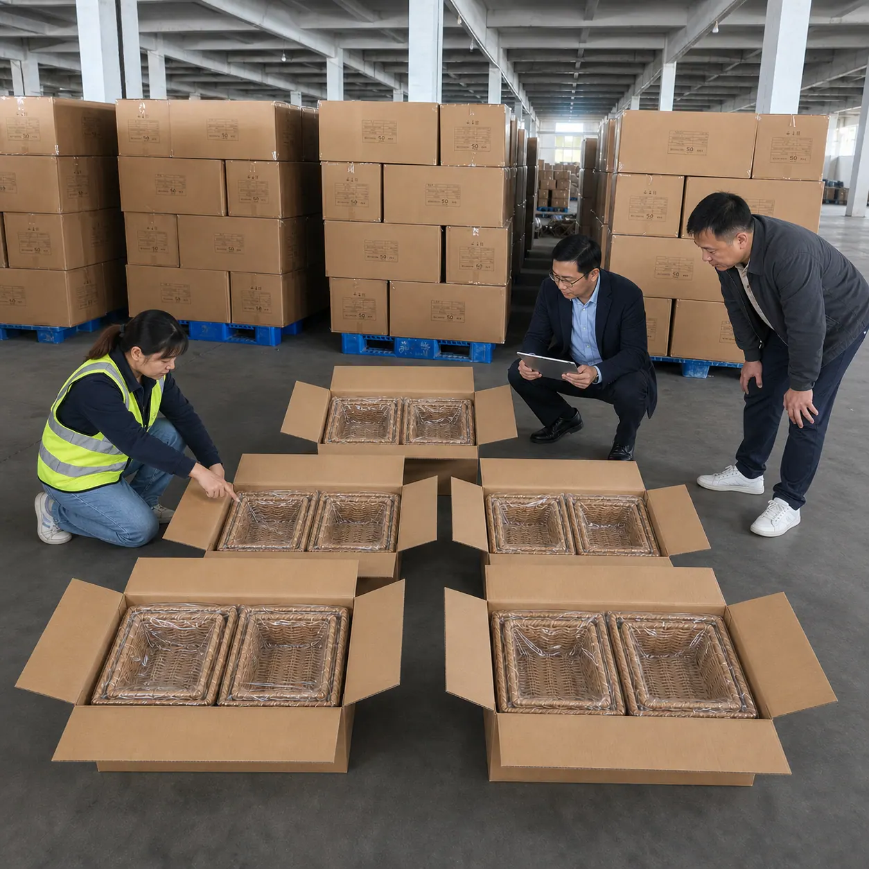 Buyer inspection support production process 1 at JINZHAO CRAFT woven storage factory