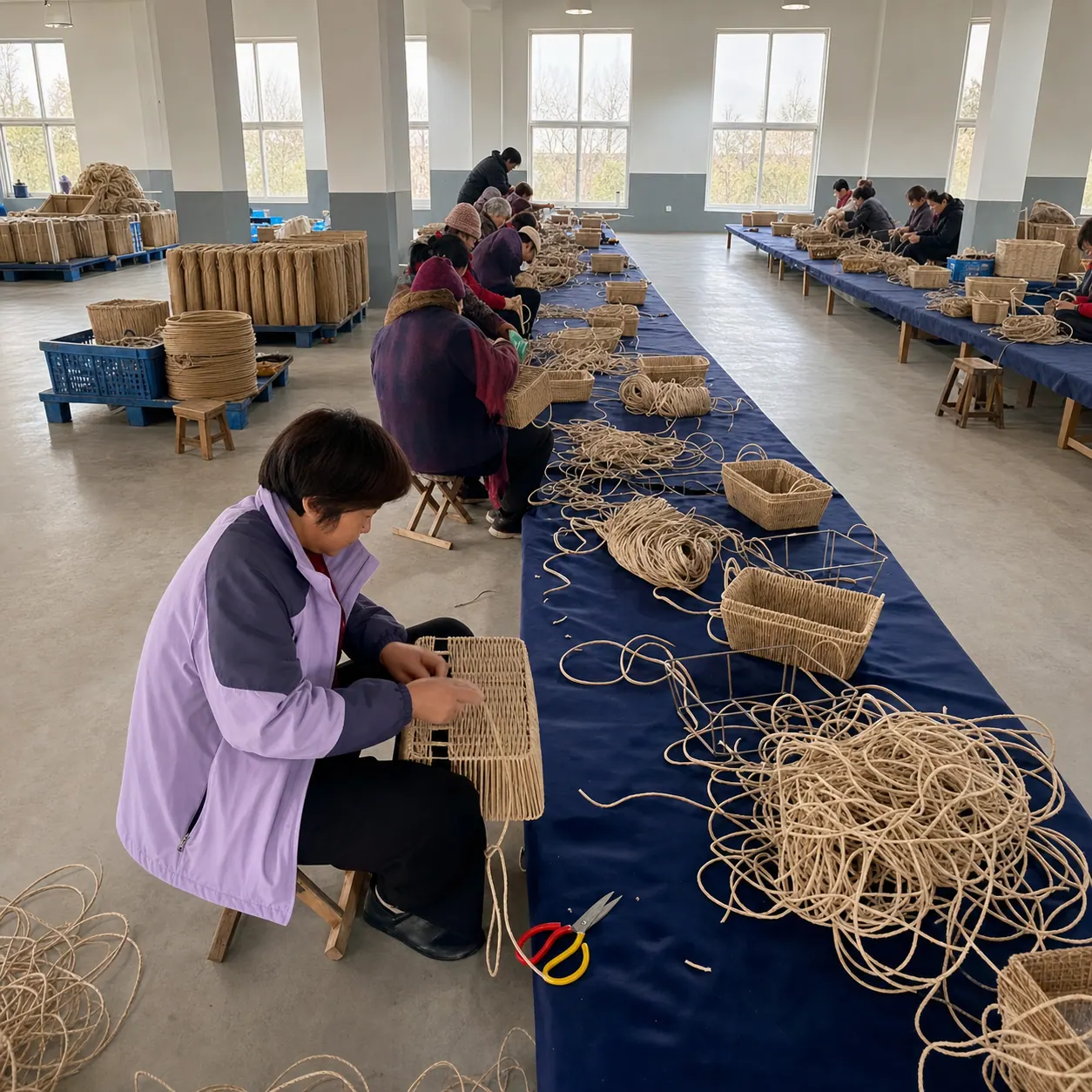 Hand weaving production process 1 at JINZHAO CRAFT woven storage factory
