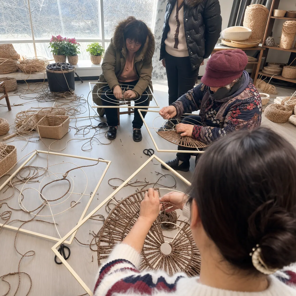 Hand weaving production process 2 at JINZHAO CRAFT woven storage factory