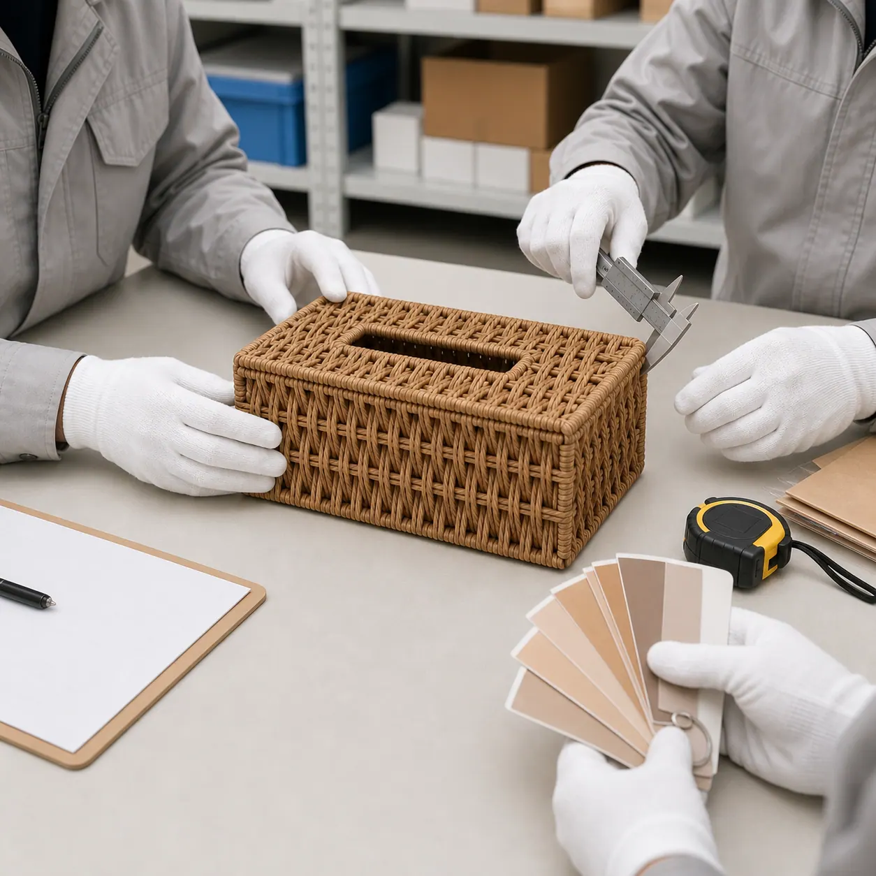 QC inspection production process 1 at JINZHAO CRAFT woven storage factory